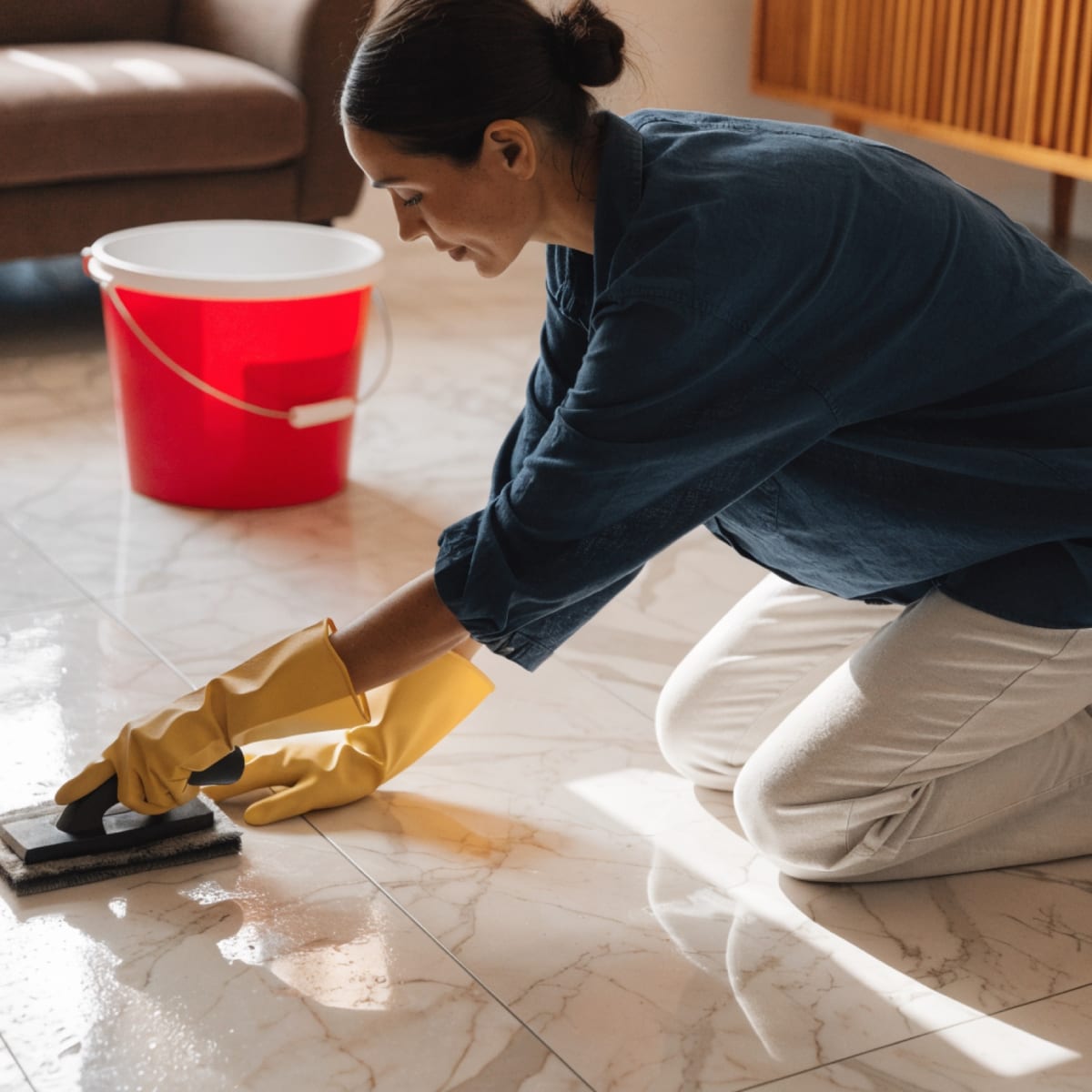 Tile floor being hand-cleaned