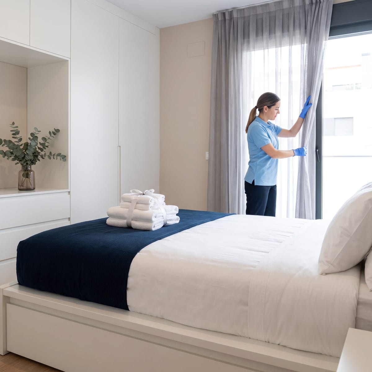Guest house bedroom refreshed with folded towels and clean linens