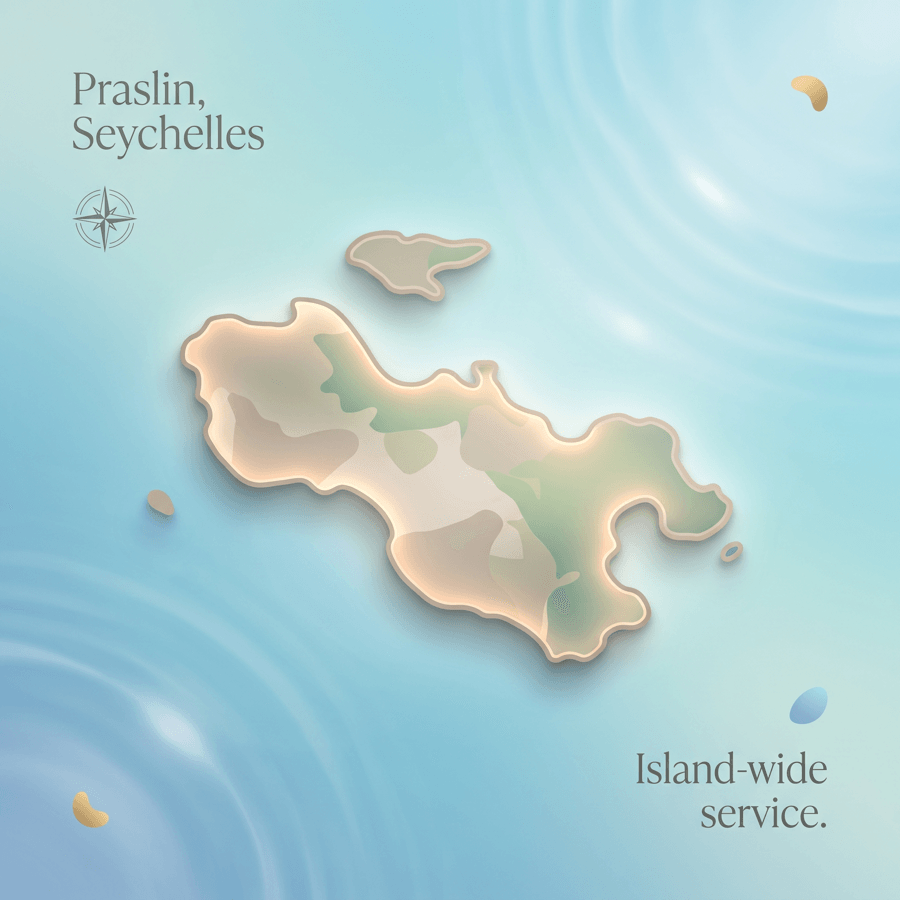 Map of Praslin, Seychelles, showing the Dingka's Cleaning Services coverage area